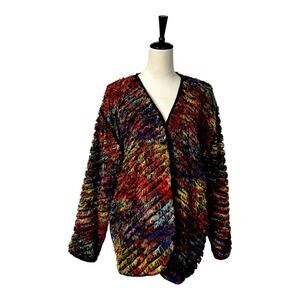 Yak Magik Sweater Cardigan Open Front Black Orange Multi Women’s Size Medium